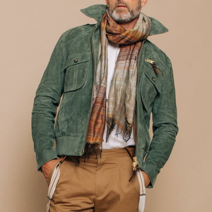 Men's Suede Jacket | Retro Lapel Design | Zipper Breast Pocket | Velvety Soft Texture | Elastic Ribbed Hem | Unique Cuff Zipper | Vintage Truck Driver Inspired | Durable Soft-Touch Suede | Dual-Directional Zipper