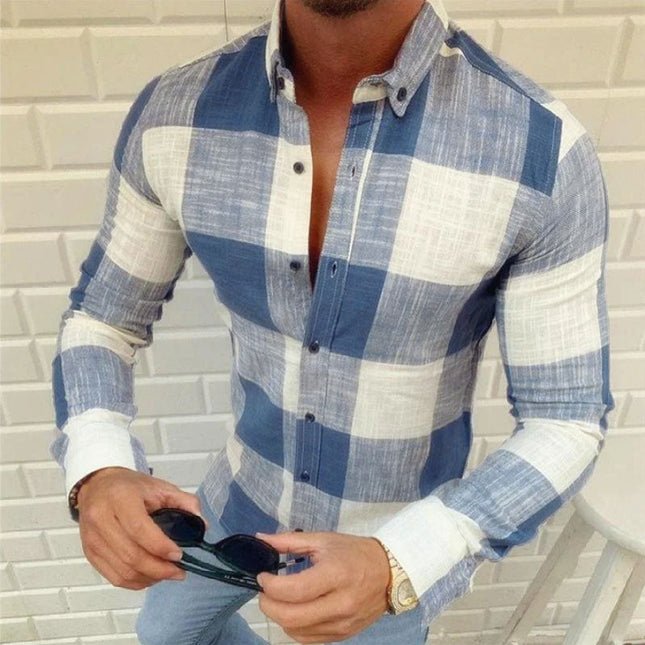 Men's Cotton Plaid Shirt | Slim Fit | Long Sleeve | Lapel Collar | Casual Style | 100% Breathable Cotton | Versatile Design | Easy Care | Multiple Sizes Available | Perfect for All Seasons