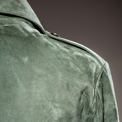 Men's Suede Jacket | Retro Lapel Design | Zipper Breast Pocket | Velvety Soft Texture | Elastic Ribbed Hem | Unique Cuff Zipper | Vintage Truck Driver Inspired | Durable Soft-Touch Suede | Dual-Directional Zipper