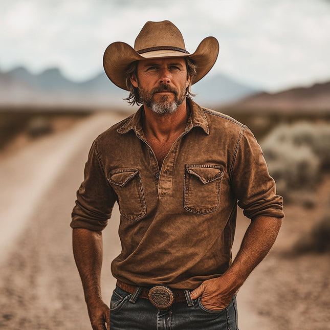 Men's Denim Shirt | Western Cowboy Style | Long Sleeve Pullover | Durable & Breathable Fabric | Stitched Detailing | Versatile & Stylish | M