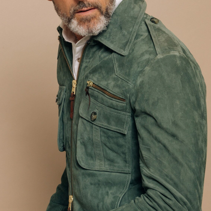 Men's Suede Jacket | Retro Lapel Design | Zipper Breast Pocket | Velvety Soft Texture | Elastic Ribbed Hem | Unique Cuff Zipper | Vintage Truck Driver Inspired | Durable Soft-Touch Suede | Dual-Directional Zipper