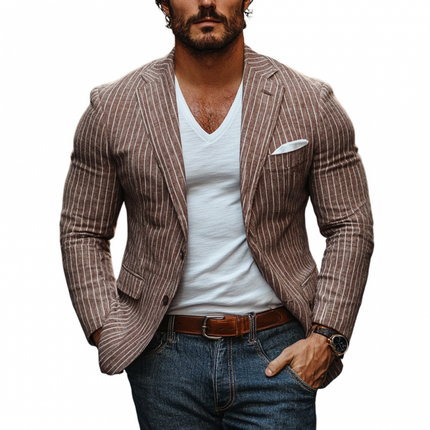 Men's Slim Fit Linen Blazer | Breathable Striped Lapel Jacket | Casual Single Breasted | Lightweight Summer Outerwear