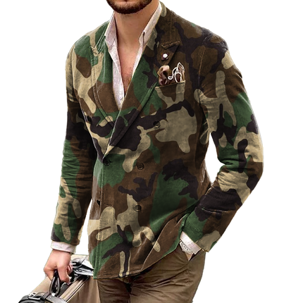 Men's Blazer | Camo Pattern | Double Breasted | Peak Lapel | Casual Outerwear | Machine Washable | Stylish Semi-Formal Jacket | Button Closure | Chest Pocket | Tailored Fit | Sophisticated Design