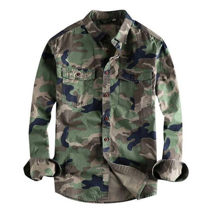 Men's Camouflage Cargo Shirt | Long Sleeve | Lapel Collar | Patch Pocket | Single Breasted | Machine Washable | Durable | Casual Wear | Fashionable 남성용 피크닉 스타일의 세련된 카무플라쥬 셔츠