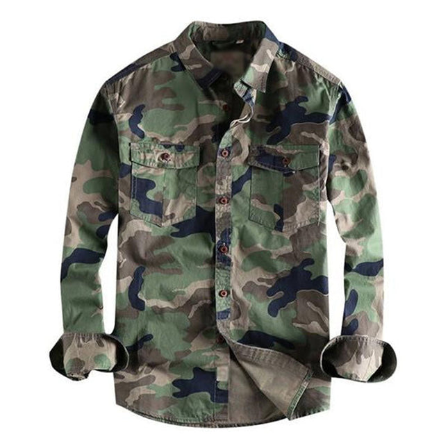 Men's Camouflage Cargo Shirt | Long Sleeve | Lapel Collar | Patch Pocket | Single Breasted | Machine Washable | Durable | Casual Wear | Fashionable 남성용 피크닉 스타일의 세련된 카무플라쥬 셔츠