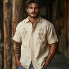 Men's Vintage Style Embroidered Shirt | Casual Khaki Tencel Short Sleeve | Soft Breathable Fabric | Timeless Turn-Down Collar | Regular Fit | Button-Down Front | Perfect for Warm Climates and Versatile Wear