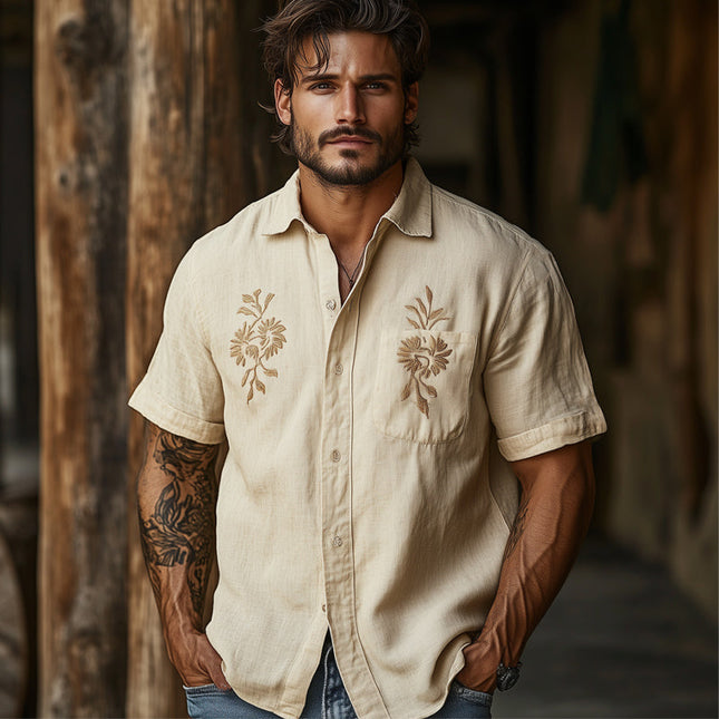 Men's Vintage Style Embroidered Shirt | Casual Khaki Tencel Short Sleeve | Soft Breathable Fabric | Timeless Turn-Down Collar | Regular Fit | Button-Down Front | Perfect for Warm Climates and Versatile Wear