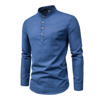 Men's 100% Cotton Linen Solid Color Stand Collar Dress Shirt | Long Sleeve | Neck Button Design | Casual Spring Summer Shirt | Breathable & Soft Fabric