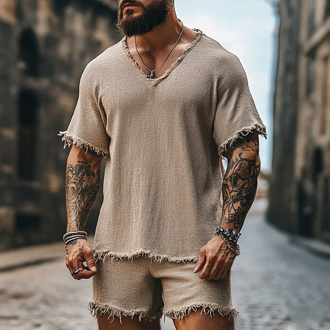 Men's Retro V-Neck T-Shirt Shorts Set | Casual Ripped Two-Piece | Cotton-Blend Fabric | Short Sleeve Top | Elastic Waistband Shorts | Trendy Beachwear | Summer Outfit | Sizes S-3XL