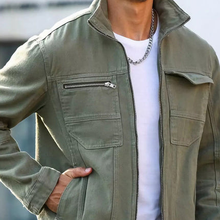 Men's Vintage Green Denim Jacket | Zipper Front | Durable Cotton | Long Sleeve | Retro Point Collar | Functional Pockets | Distressed Finish | Regular Fit | Machine Washable