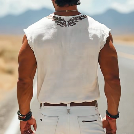 Men's Summer Retro Western Style V-Neck T-Shirt | Cotton Linen Blend | Embroidered Details | Casual Fashion | Breathable | Lightweight | Classic Design | Comfortable Fit | Versatile Summer Essential