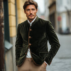 Men's Jacket | Vintage Green Velvet | Stand Collar | Slim Fit | Long Sleeve | Button Closure | Stylish Outerwear | Elegant Blazer | Soft Plush Texture | Classic Design | Versatile Fashion Statement