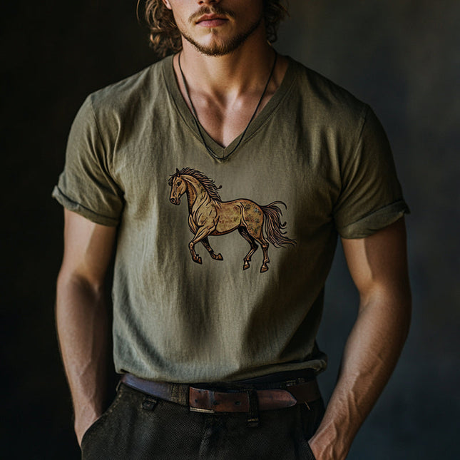 Men's V-Neck T-Shirt | Horse Print Short Sleeve | Comfortable Cotton Blend | Fashionable Casual Wear | Available in Sizes S-3XL | Unique Equestrian Design