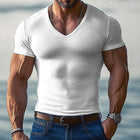 Light Blue Men's V-neck T-shirt | Short Sleeve Slim Fit | Breathable Cotton Blend | Casual Wear | Sizes S-3XL