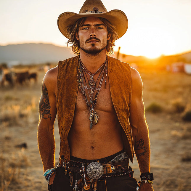 Men's Suede V-Neck Vest | Vintage Western Cowboy Style | High-Quality Material | Durable Wear | Classic Design | Casual & Themed Parties | Intricate Stitching | Iconic Cowboy Look | Versatile Outerwear