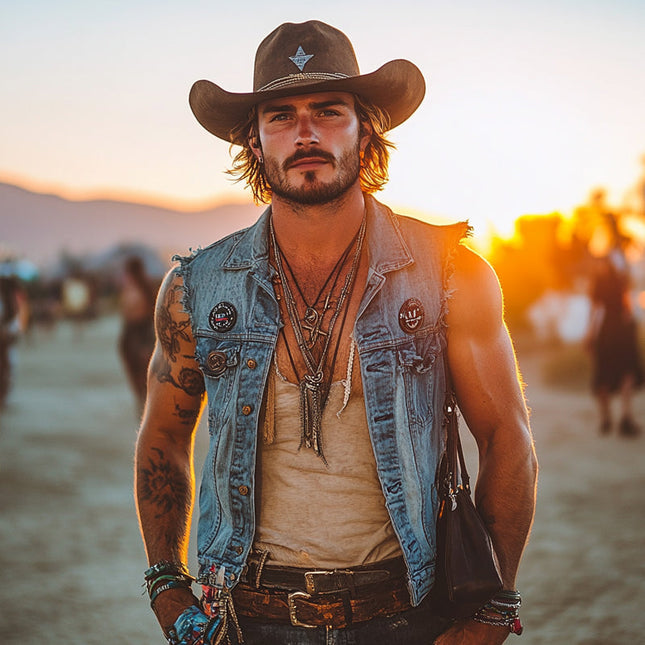 Men's Denim Vest | Vintage Distressed Western Style | Cowboy Lapel | Durable Denim | Classic Button-Up | MTA0984E5X