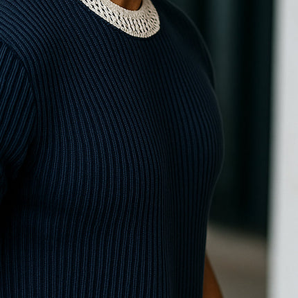 Men's Knitted T-Shirt | Contrast Web Design | Short Sleeve Round Neck | Stylish & Comfortable Casual Top | Breathable Fabric | Relaxed Fit for Versatile Wear | Perfect for Layering