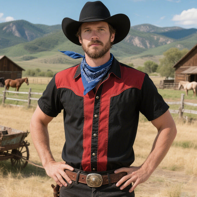 Men's Retro Western Colorblock Lapel Short Sleeve Shirt | Cowboy Style Casual Top | Vintage Flair | High-Quality Breathable Cotton | Different Sizes | Spring Summer Wear | Tailored Fit | Bold Accents