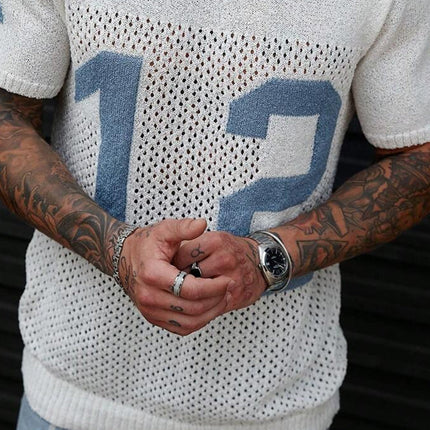 Men's Athletic Jacquard T-Shirt | Crew Neck Short Sleeve Sweater | Sporty Lettering Design | Breathable Fabric Top for Casual & Semi-Formal Occasions