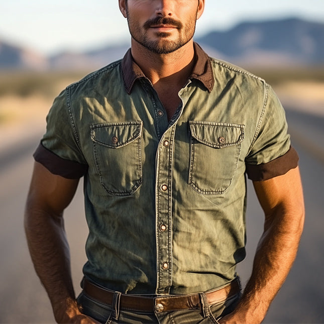 Men's Western Cowboy Vintage Color Block Denim Short Sleeve Shirt | Retro Denim Shirt | Bold Color Pattern | Durable High-Quality Fabric | Classic Collar | Casual Fashion | Sizes S to 3XL | Stylish Men's Apparel