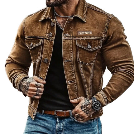 Men's Denim Jacket | Vintage Distressed Style | Washed Fabric | Shirt Collar | Long Sleeve | Front Button Closure | Multiple Pockets | Machine Washable | Available in Light Blue, Medium Blue, Dark Indigo | Sizes S to 3XL