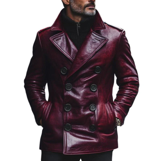 Men's Slim Fit Double Breasted Leather Coat | Vintage Notch Lapel Design | Premium Warm Outerwear | Timeless Style | Versatile Autumn Winter Fashion for Casual and Formal Occasions