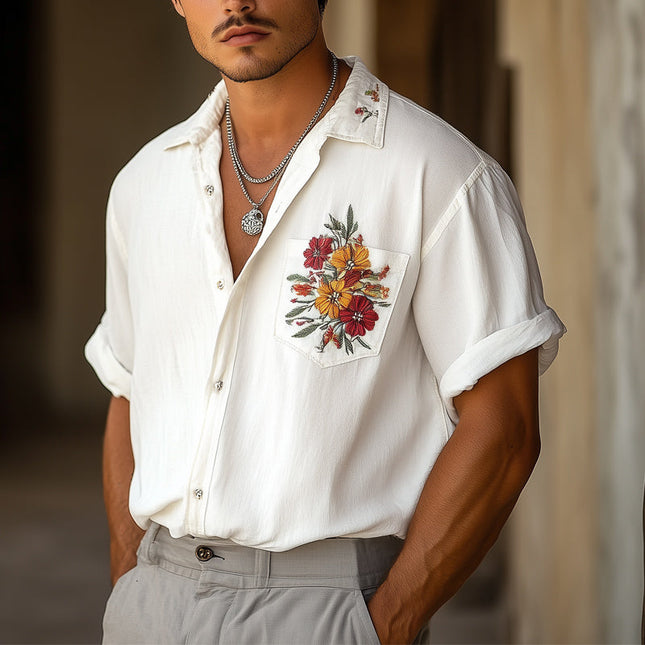 Men's Casual Chiffon Embroidered Shirt | Lightweight Short Sleeve | Turn-Down Collar | Artistic Details | Ideal for Warm Weather | Regular Fit | Versatile Style | Perfect for Casual or Semi-Formal Occasions