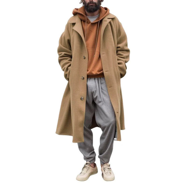 Men's Wool Blend Long Coat | Vintage Notched Lapel | Single-Breasted | Loose Fit | Full Coverage | Button Detailing | Deep Side Pockets | Fully Lined | Winter Outerwear | Classic Colors | Warm & Durable