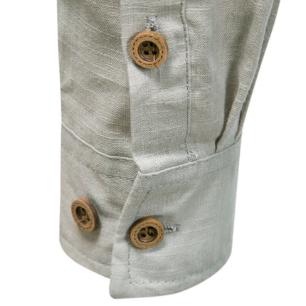 Men's 100% Cotton Linen Solid Color Stand Collar Dress Shirt | Long Sleeve | Neck Button Design | Casual Spring Summer Shirt | Breathable & Soft Fabric