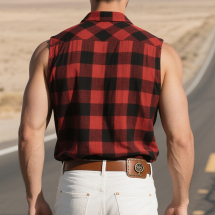 Men's Sleeveless Shirt | Summer Casual Retro | Western Denim Plaid | Cotton Blend | Cool Breathable Fabric | Timeless Style | Ideal for Layering | MTA2864D4K