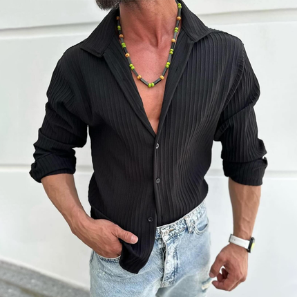 Men's Long Sleeve Casual Shirt | Solid Color | Subtle Stripes | Lapel Collar | Cotton Blend | Regular Fit | Versatile Style | Multiple Sizes | Comfortable Wear