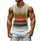 Men's Striped Crochet Tank Top | Round Neck | Casual Sleeveless Shirt | Lightweight Breathable Fabric | Unique Crochet Design | Vibrant Color Pattern | Trendy Summer Wear | Multiple Sizes Available