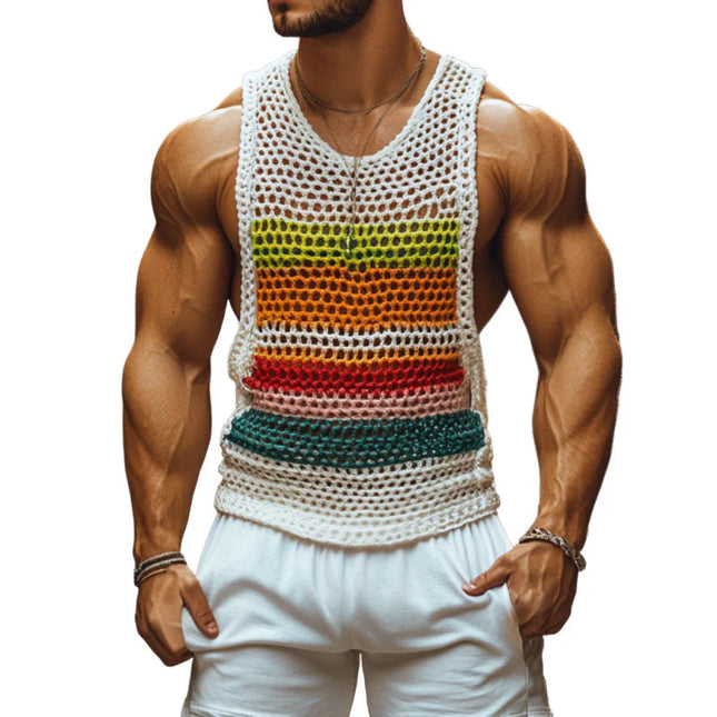 Men's Striped Crochet Tank Top | Round Neck | Casual Sleeveless Shirt | Lightweight Breathable Fabric | Unique Crochet Design | Vibrant Color Pattern | Trendy Summer Wear | Multiple Sizes Available