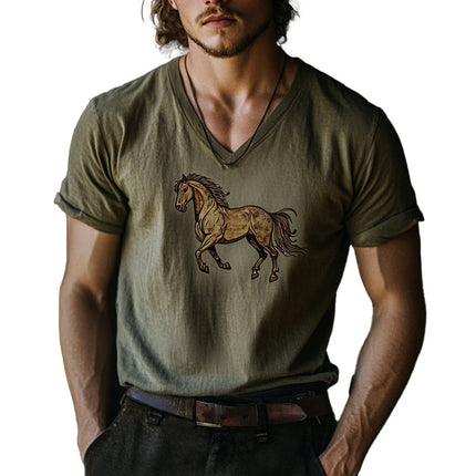 Men's V-Neck T-Shirt | Horse Print Short Sleeve | Comfortable Cotton Blend | Fashionable Casual Wear | Available in Sizes S-3XL | Unique Equestrian Design