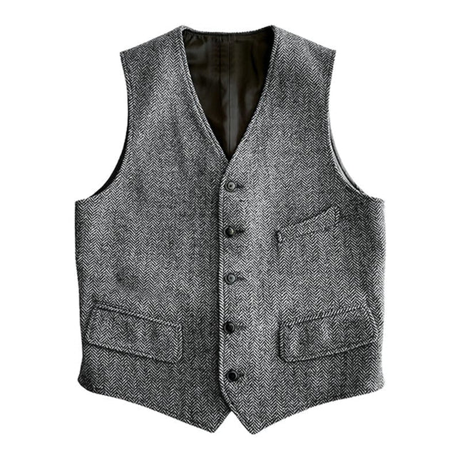 Men's Herringbone Vest | Retro V-Neck | Single-Breasted | Multi-Pocket Design | Vintage Style | Classic Outerwear | Durable Stitching | Easy Layering | Timeless Elegance for Casual & Semi-Formal Occasions