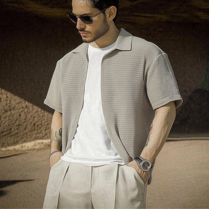 Men's Gray Textured Cotton Shirt | Short Sleeve Lapel Collar | Casual Modern Fit | Versatile Everyday Wear | Breathable Summer Top