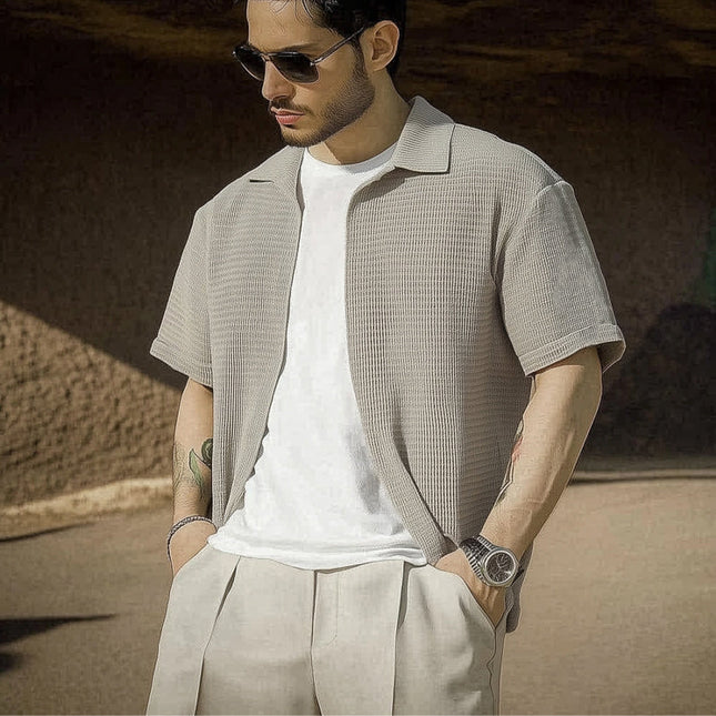Men's Gray Textured Cotton Shirt | Short Sleeve Lapel Collar | Casual Modern Fit | Versatile Everyday Wear | Breathable Summer Top