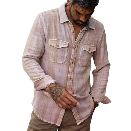 Men's Slim Fit Long Sleeve Shirt | Retro Pink Plaid Pattern | Twill Fabric | Classic Collar | Button-Down Closure | Fashionable Vintage Style