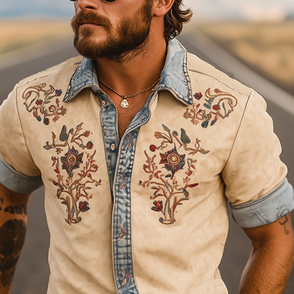Men's Retro Western Cowboy Shirt | Summer Style | Denim & Suede Stitching | Embroidery Accents | Short-Sleeve Casual Shirt | Lightweight & Breathable | Versatile Outfit