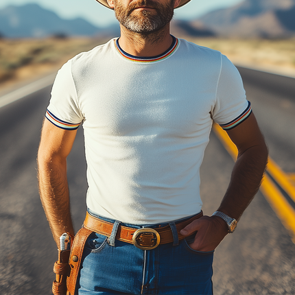 Men's Retro Western Style T-Shirt | Cotton Blend | Slim Fit | Colorful Ribbon | Short-Sleeved | Casual Cowboy Stitching | Vintage-Inspired | Breathable & Comfortable | Ideal for Everyday Wear