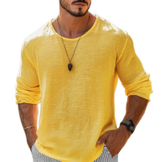 Men's T-Shirt | Cotton Linen Blend | Round Neck | Loose Fit | Long Sleeve | Casual Wear | Breathable Lightweight Fabric | Versatile Styling | Easy Care | Multiple Sizes Available