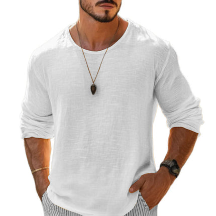 Men's T-Shirt | Cotton Linen Blend | Round Neck | Loose Fit | Long Sleeve | Casual Wear | Breathable Lightweight Fabric | Versatile Styling | Easy Care | Multiple Sizes Available