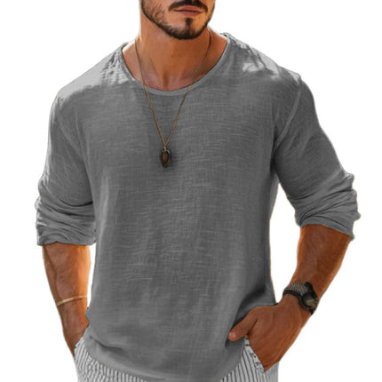Men's T-Shirt | Cotton Linen Blend | Round Neck | Loose Fit | Long Sleeve | Casual Wear | Breathable Lightweight Fabric | Versatile Styling | Easy Care | Multiple Sizes Available