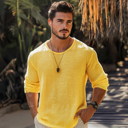 Men's T-Shirt | Cotton Linen Blend | Round Neck | Loose Fit | Long Sleeve | Casual Wear | Breathable Lightweight Fabric | Versatile Styling | Easy Care | Multiple Sizes Available
