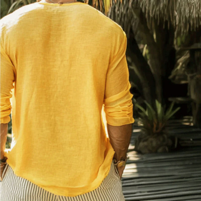 Men's T-Shirt | Cotton Linen Blend | Round Neck | Loose Fit | Long Sleeve | Casual Wear | Breathable Lightweight Fabric | Versatile Styling | Easy Care | Multiple Sizes Available