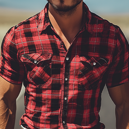 Men's Cotton Linen Blend Shirt | Retro Western Cowboy Plaid | Short-Sleeved Casual Summer Shirt | Vintage Style | Breathable & Comfortable