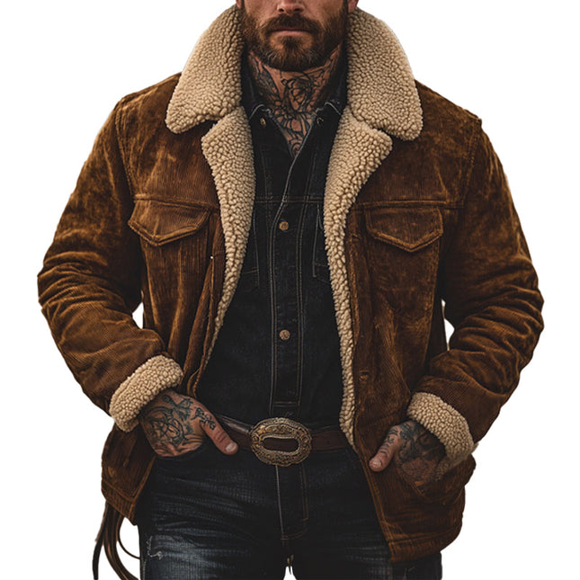 Men's Corduroy Warm Coat | Retro Solid Color | Lambswool Lining | Stand Collar | Long Sleeve Jacket | Short Length | Relaxed Fit | Button Closure | Fall Winter Outerwear | Casual Smart-Casual Style