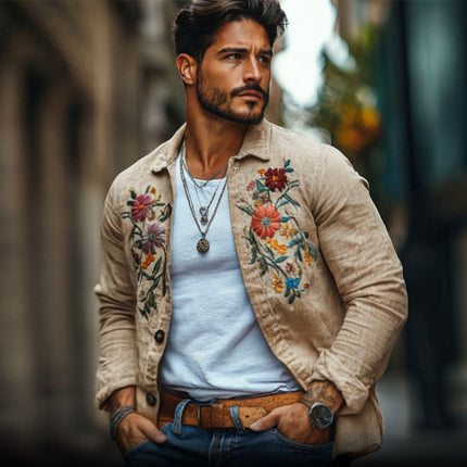 Men's Linen Shirt | Casual Long Sleeve | Embroidered Lapel | Loose Fit | Breathable Fabric | Button-Up | Lightweight | Versatile Styling | Multiple Sizes