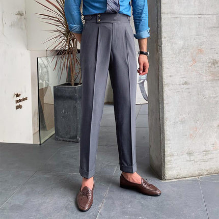 Men's British Style High Waist Straight Pants | Classic Wool Blend Trousers | Slim Fit Tailored Design | Durable Polyester & Spandex | Timeless Colors | Dry Clean Only | Versatile Formal & Casual Wear