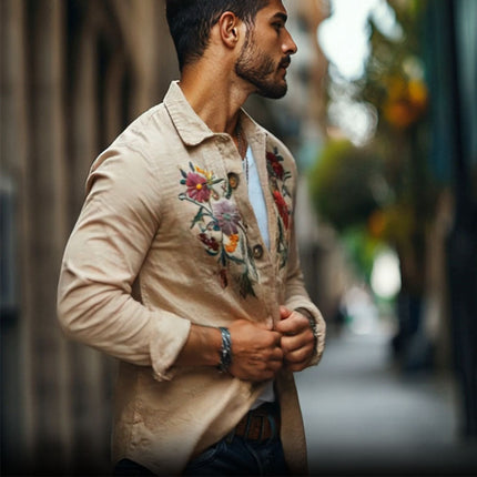 Men's Linen Shirt | Casual Long Sleeve | Embroidered Lapel | Loose Fit | Breathable Fabric | Button-Up | Lightweight | Versatile Styling | Multiple Sizes